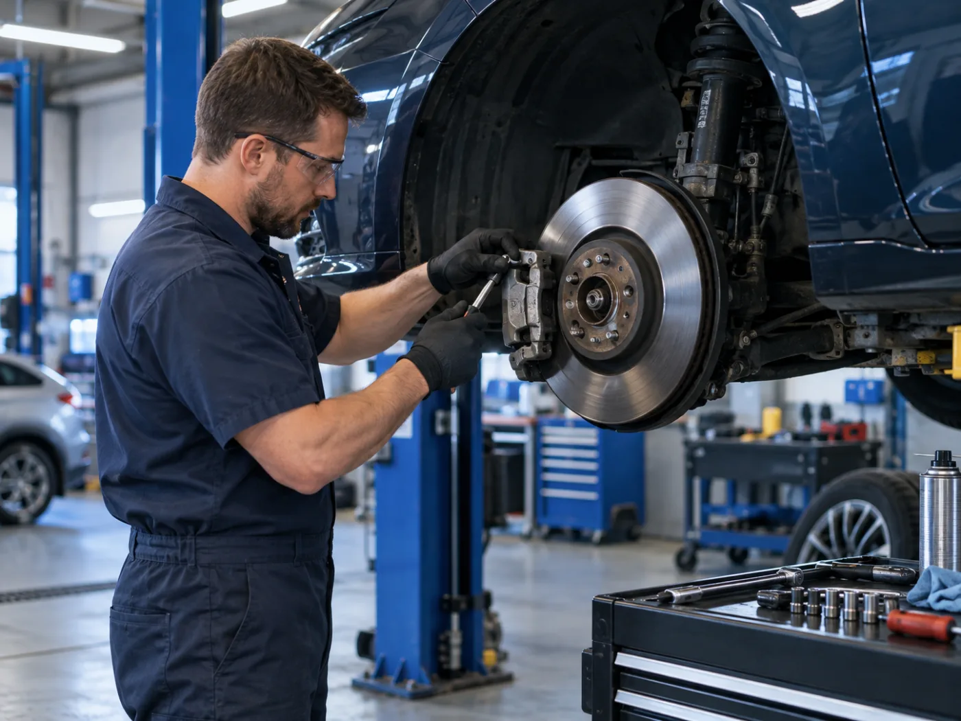Close-up illustration of a brake inspection