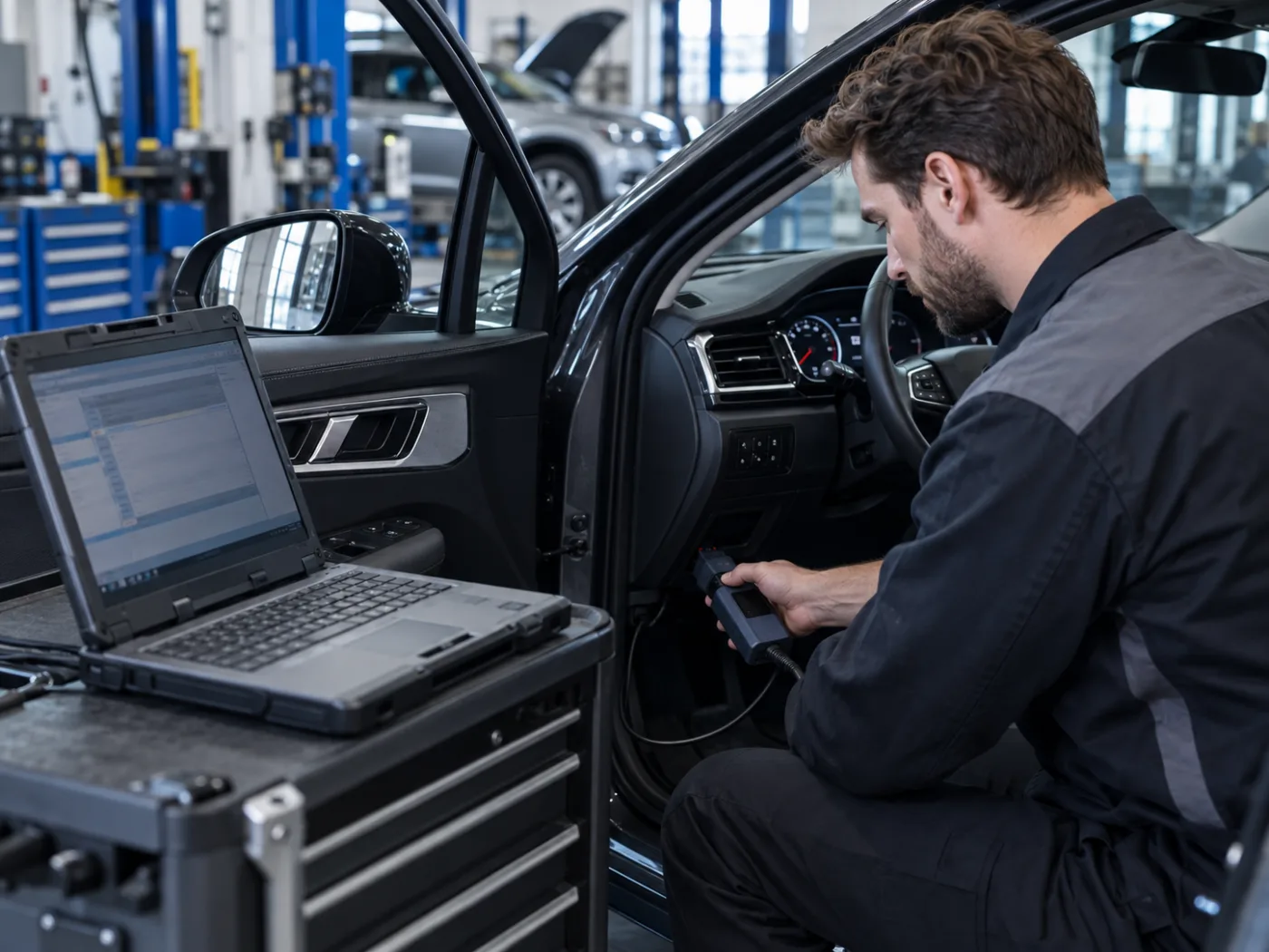 Mechanic carrying out computer diagnostics on a car