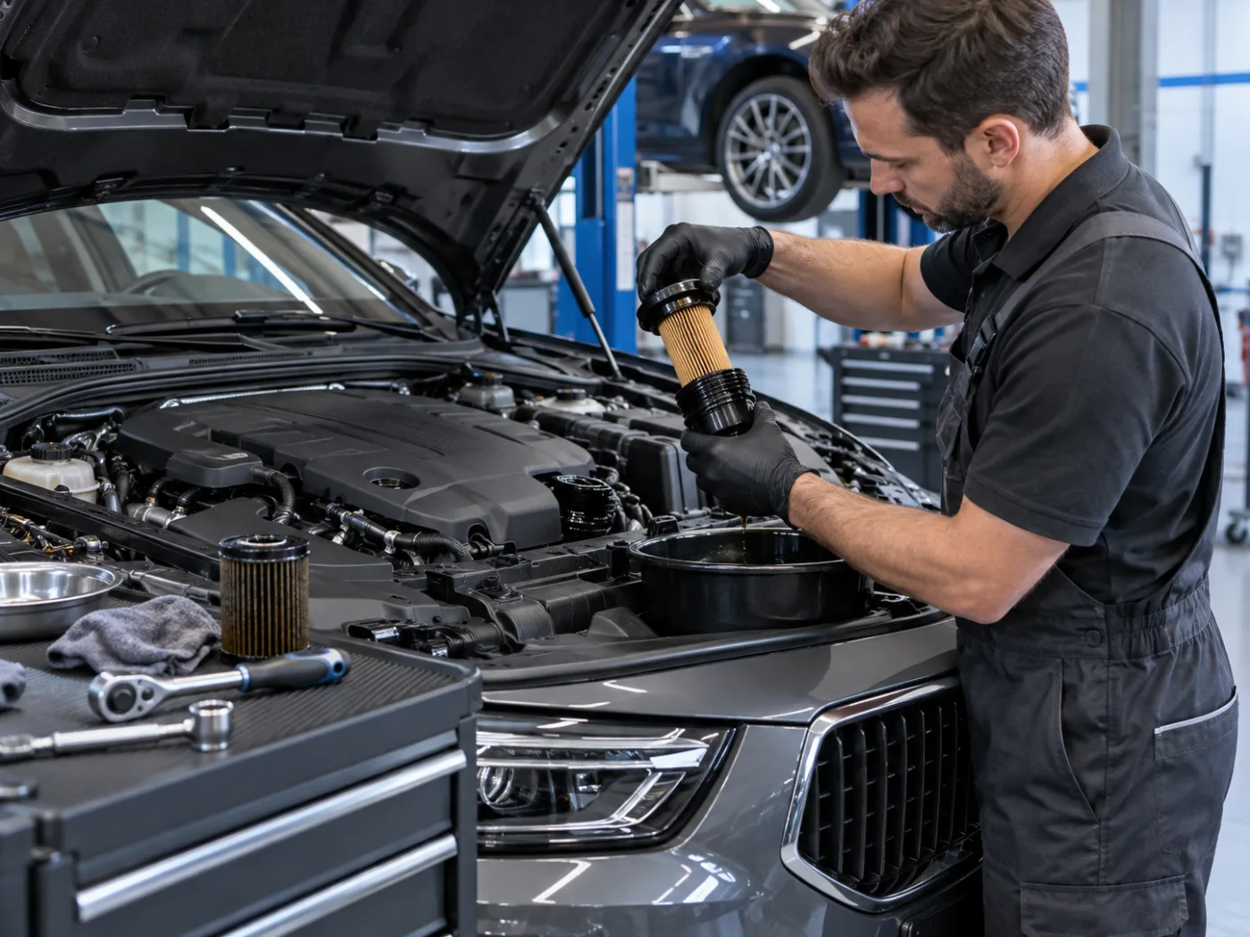 Illustration of a mechanic servicing an engine
