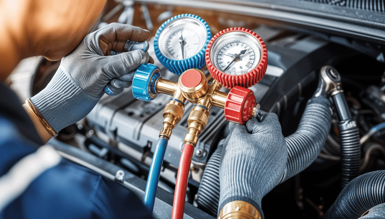 Technician testing a vehicle air-conditioning system with pressure gauges