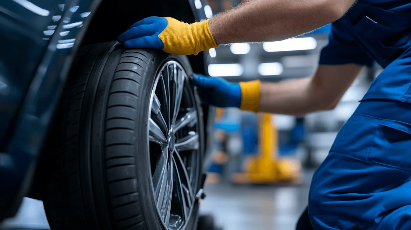Mechanic fitting and checking a vehicle tyre