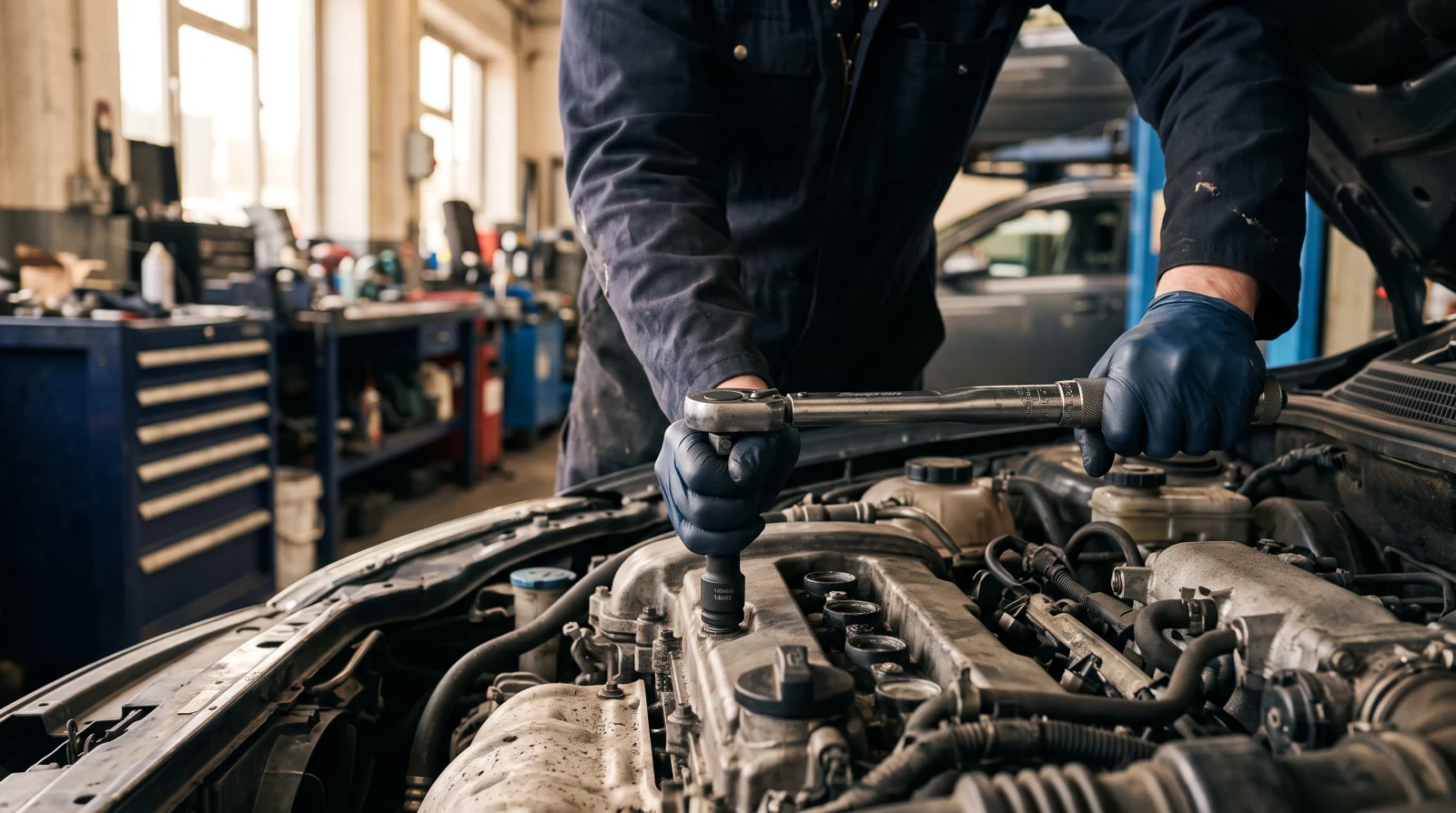 Illustrative close-up of hands carrying out careful engine work