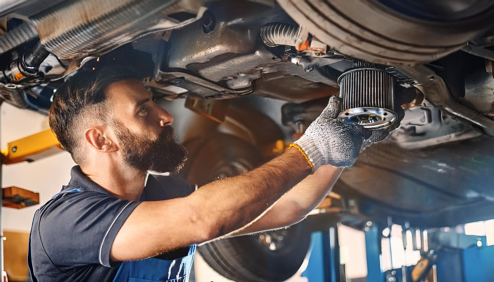 Professional mechanic working underneath a car, replacing the oil filter during routine maintenance.