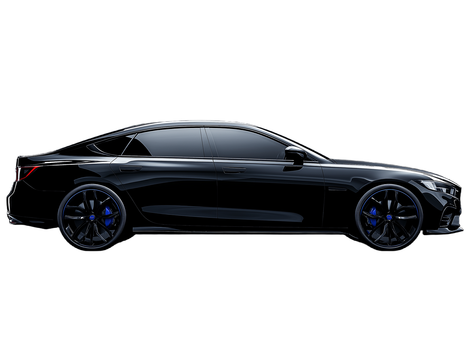 Side view of a modern sleek black luxury car with tinted windows and elegant design, highlighting the vehicle's sporty aesthetic.