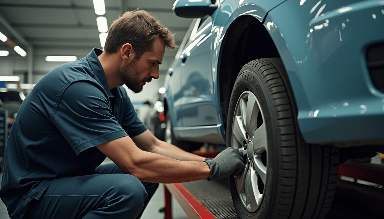 A professional mechanic in uniform servicing the wheels of a car in an auto repair shop.