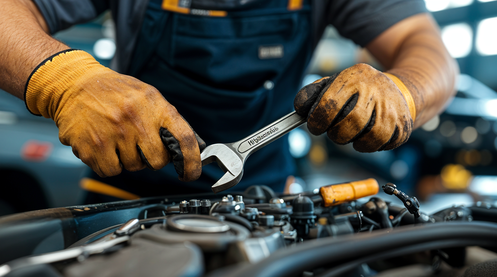 Mechanic wearing gloves using a wrench to repair a car engine in an automotive workshop.