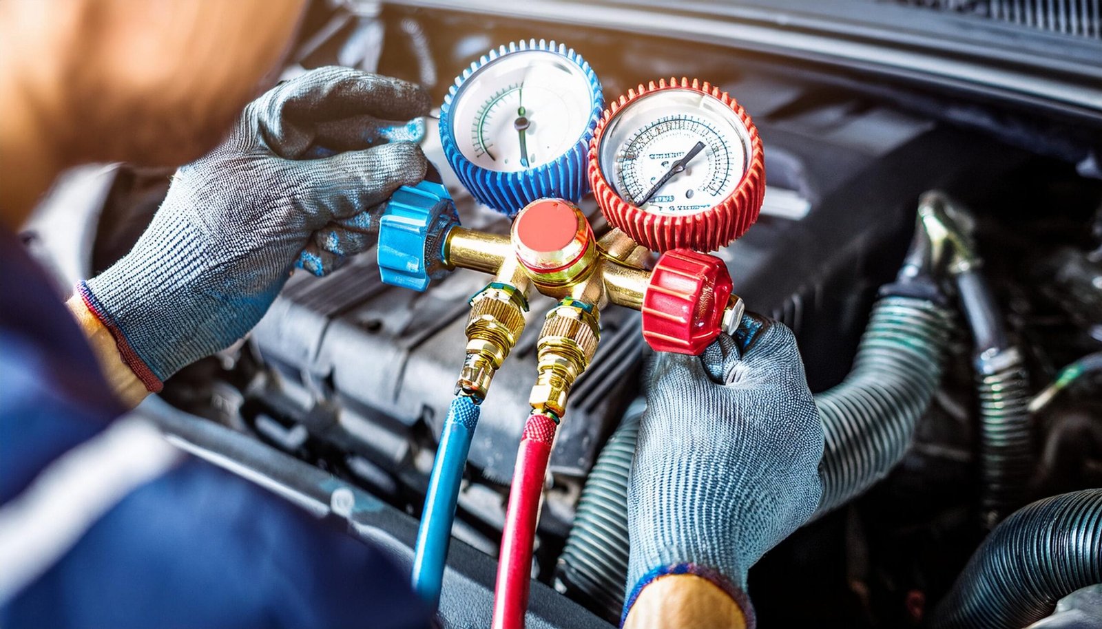 Close-up of a mechanic using specialized gauges to check and maintain a car's air conditioning system.