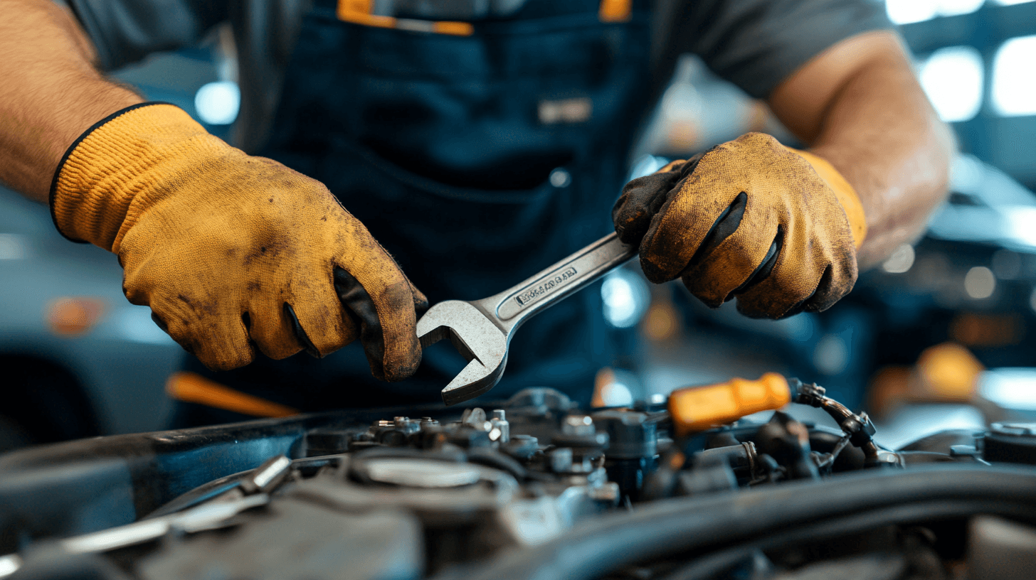 Mechanic repairing a car engine with a wrench in a workshop